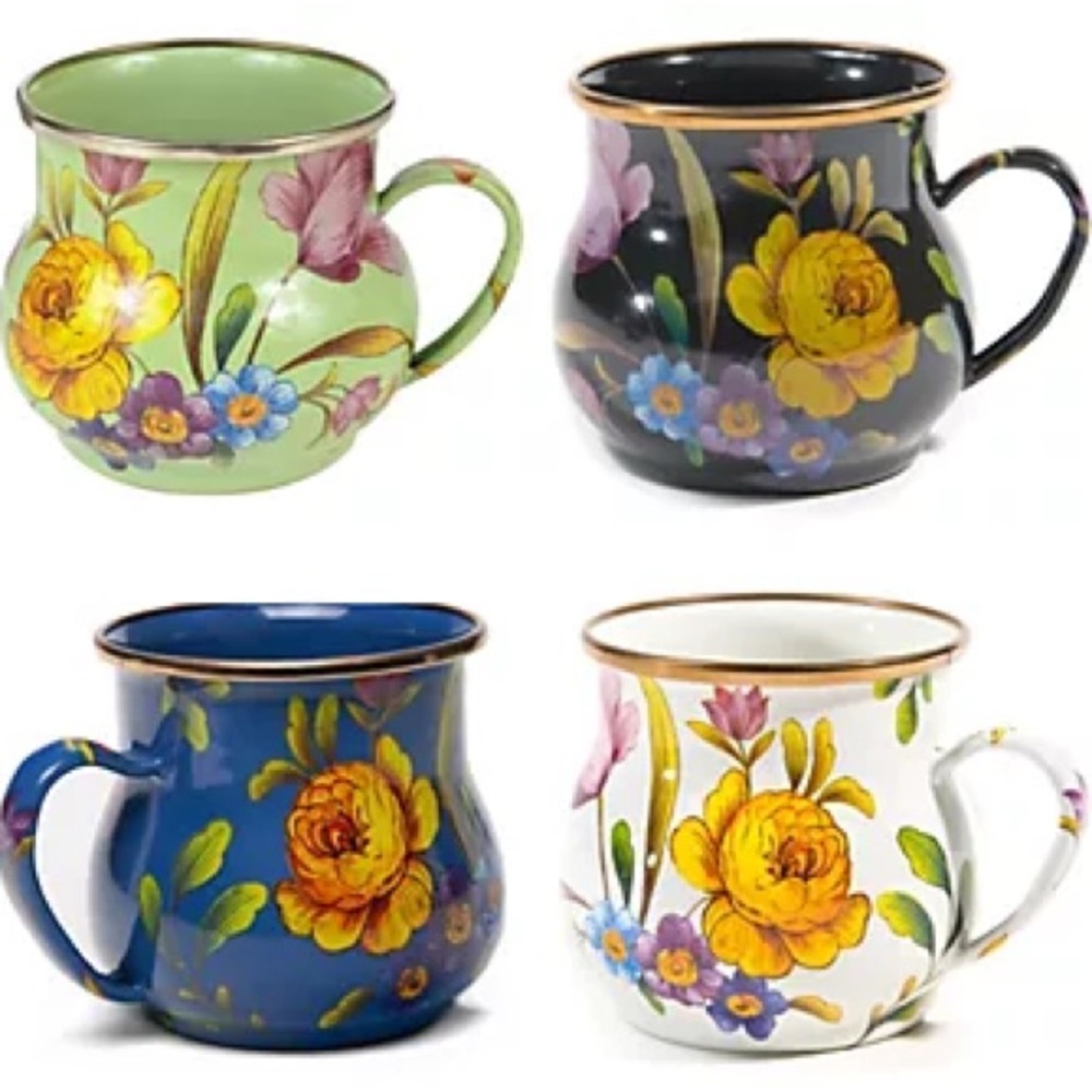 McKenzie Childs floral enamel mugs never used